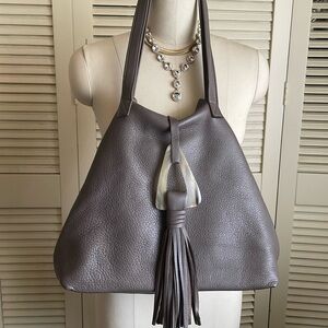Taupe leather Bag with Tassel and Spacious Design by Viva Bags